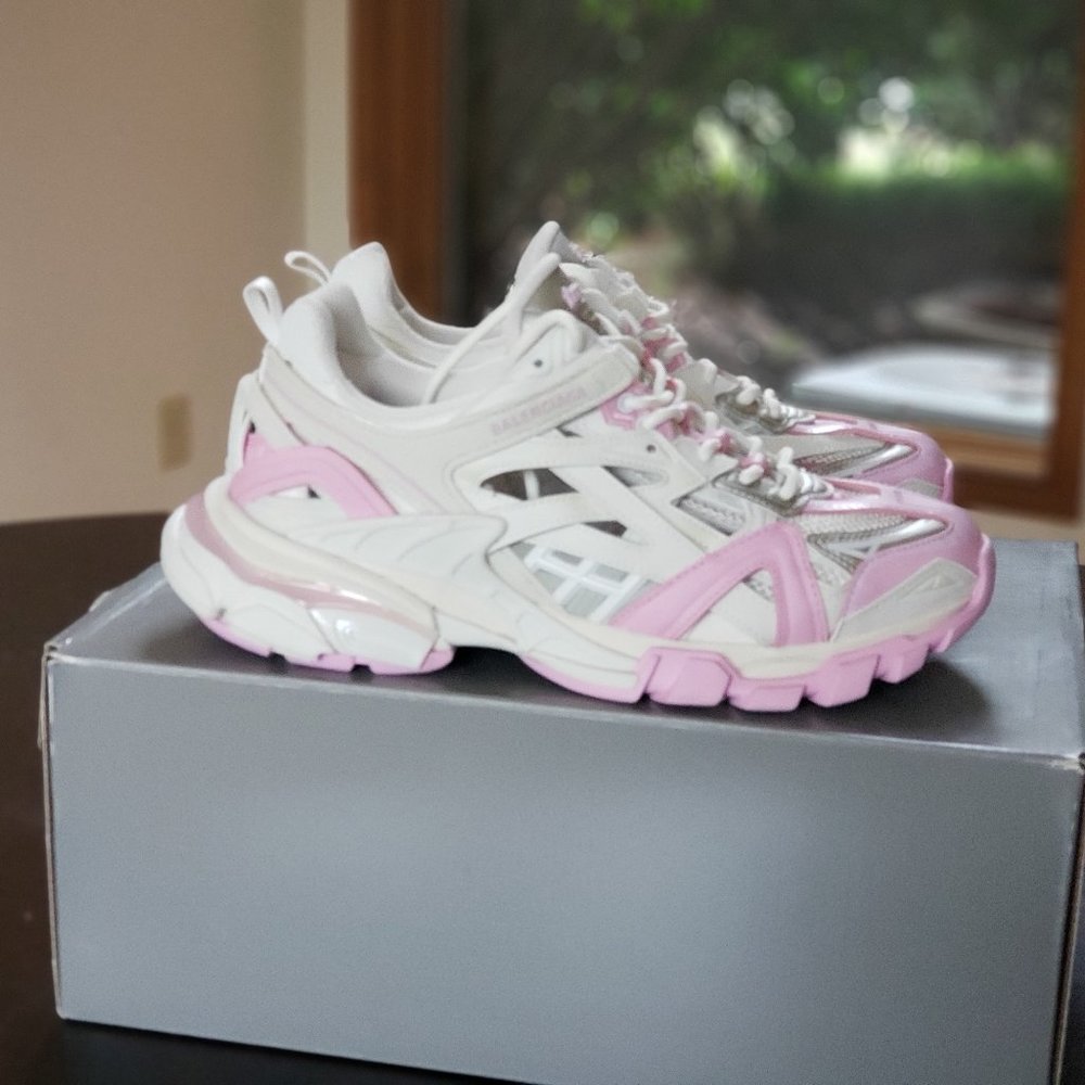 Balenciaga Womens Track2 Sneaker Pink Whites Creams and Greys Size 10